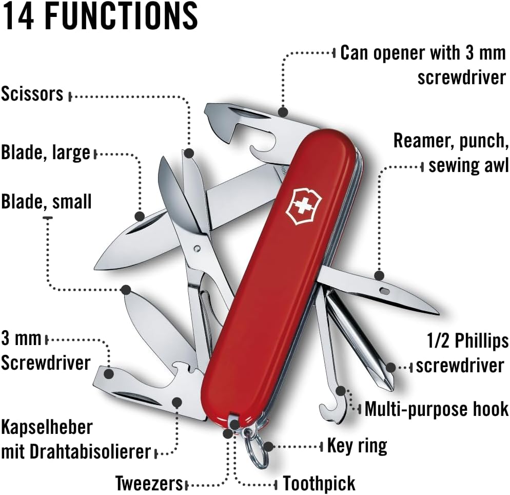 Victorinox Super Tinker Swiss Army Knife, 14 Function Swiss Made Pocket Knife with Large Blade, 2 Screwdrivers and Multipurpose Hook - Red
