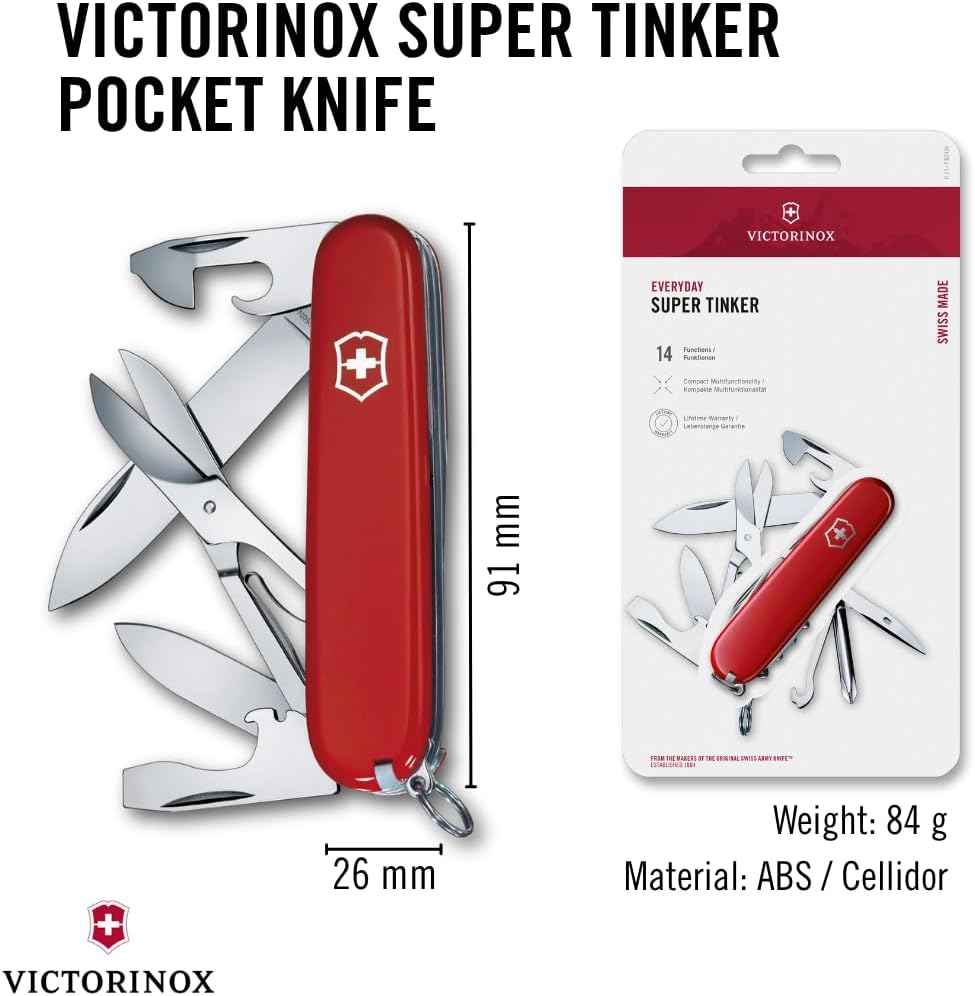 Victorinox Super Tinker Swiss Army Knife, 14 Function Swiss Made Pocket Knife with Large Blade, 2 Screwdrivers and Multipurpose Hook - Red