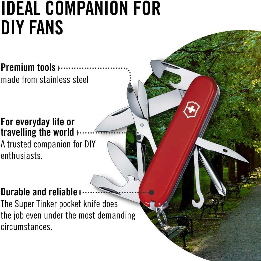 Victorinox Super Tinker Swiss Army Knife, 14 Function Swiss Made Pocket Knife with Large Blade, 2 Screwdrivers and Multipurpose Hook - Red