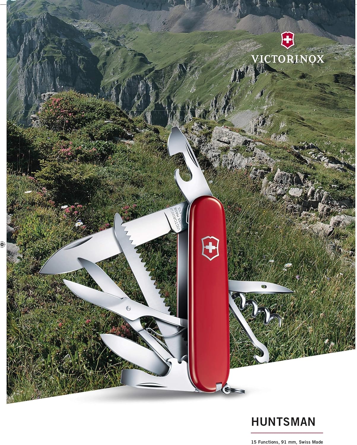 Victorinox Huntsman Swiss Army Knife, 15 Functions, Swiss Made Pocket Knife with Large Blade, Screwdriver, Scissors and Wood Saw - Red