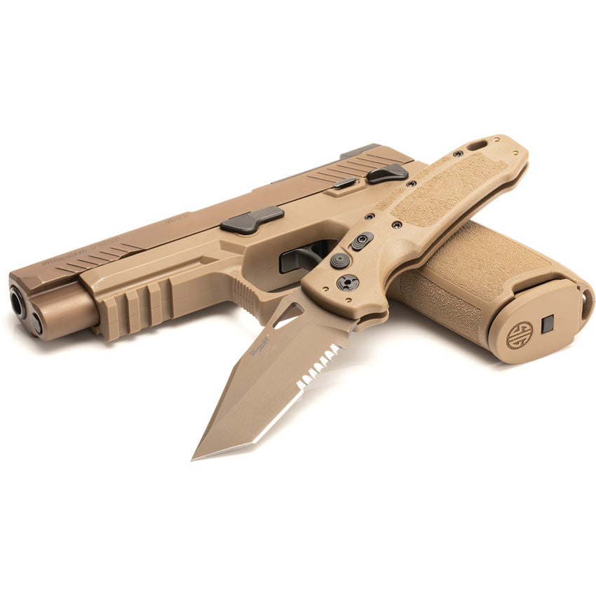 Sig Automatic K320A Knife Button Lock Coyote Tan CPM-S30V Stainless Serrated Tanto Blade 36323